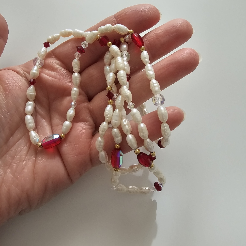Vintage Extra Long Freshwater Rice Pearl Necklace - 34" Endless Strand with Red